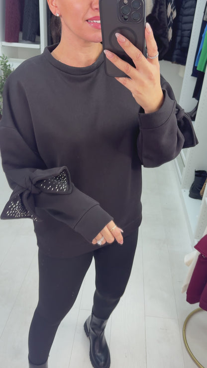 Aimea Plain Embellished Bow Sleeve Sweatshirt