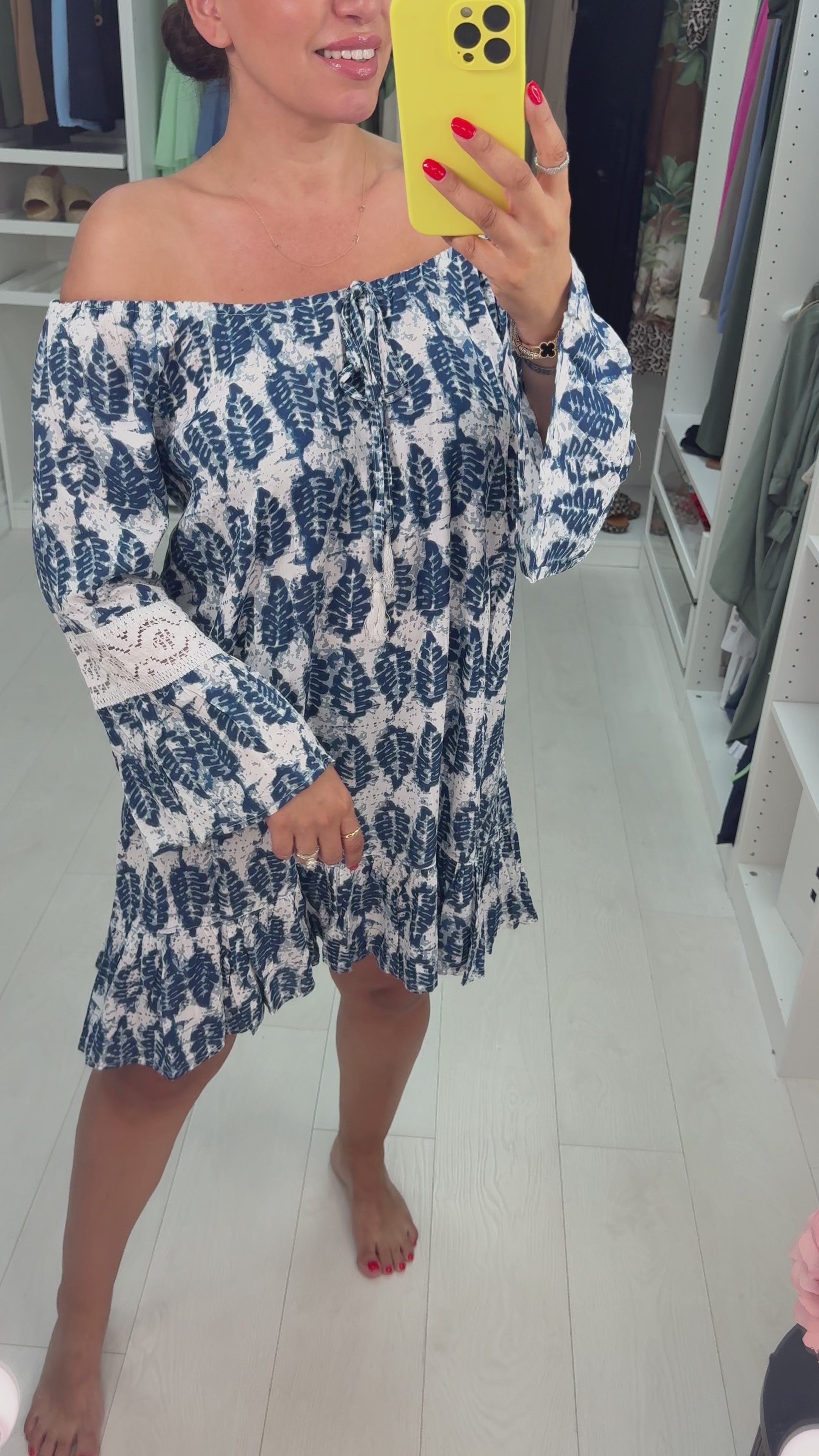 Load video: Yasmine Abstract Print Loose Fit Bardot Midi Dress