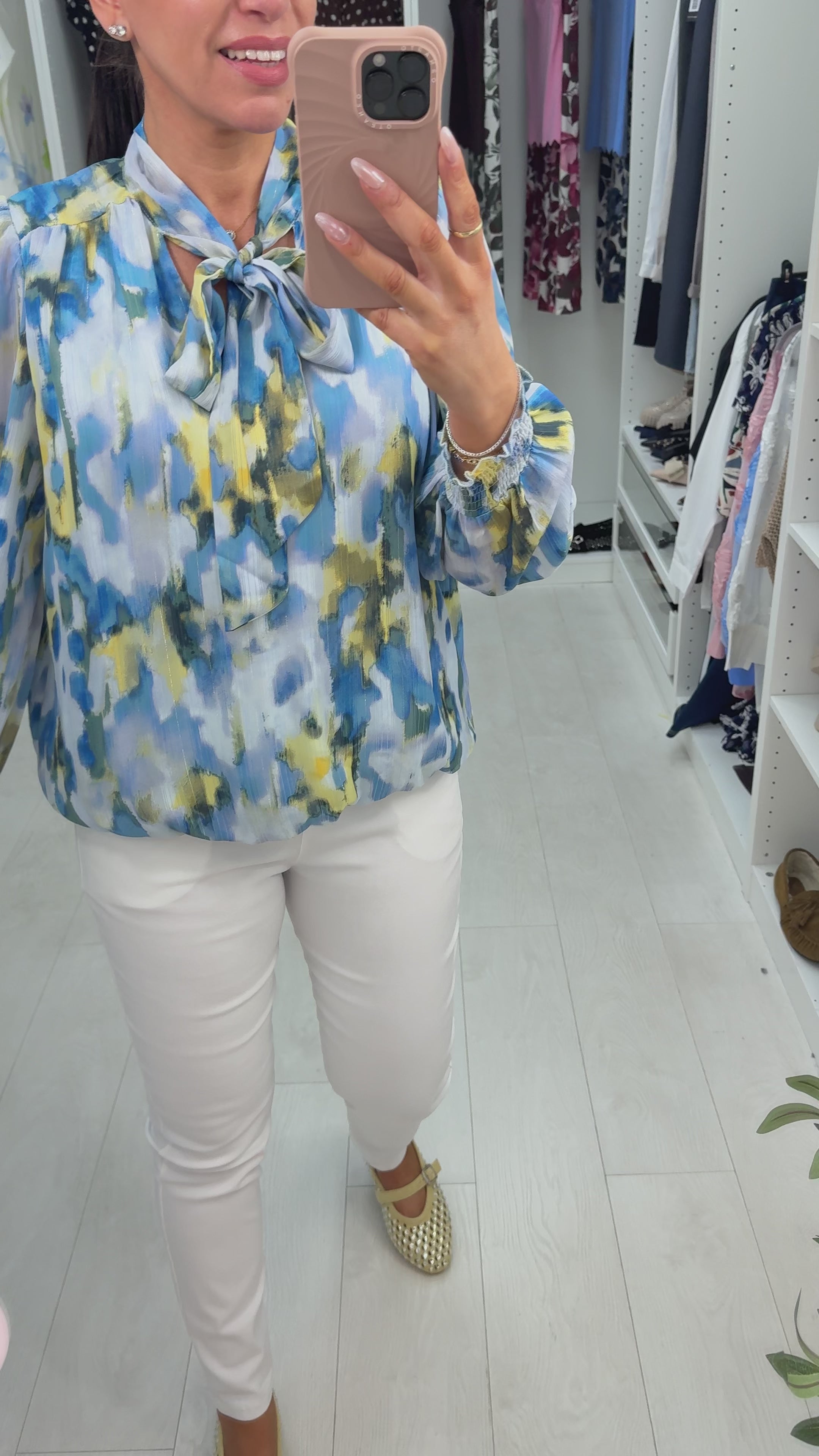 Load video: Zanna Watercolour Print Pussybow Blouse