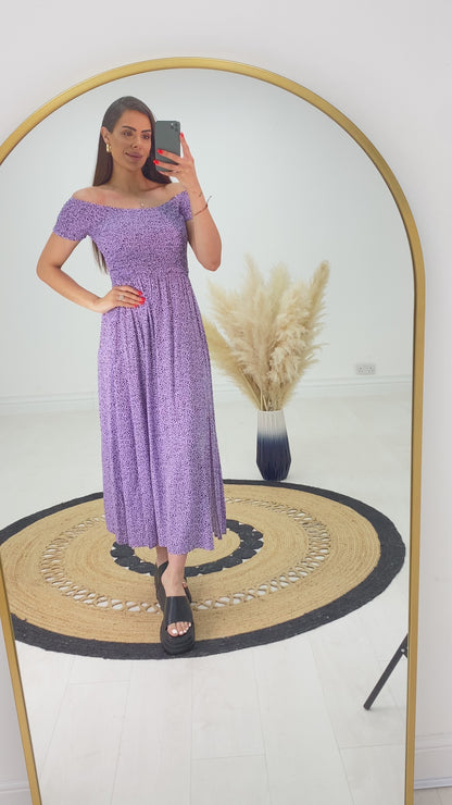 Perdita Lilac Dalmatian Print Bardot Maxi Dress