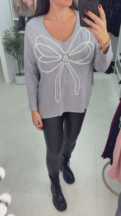 Serina Pearl Embellished Bow Detailed Loose Fit Jumper