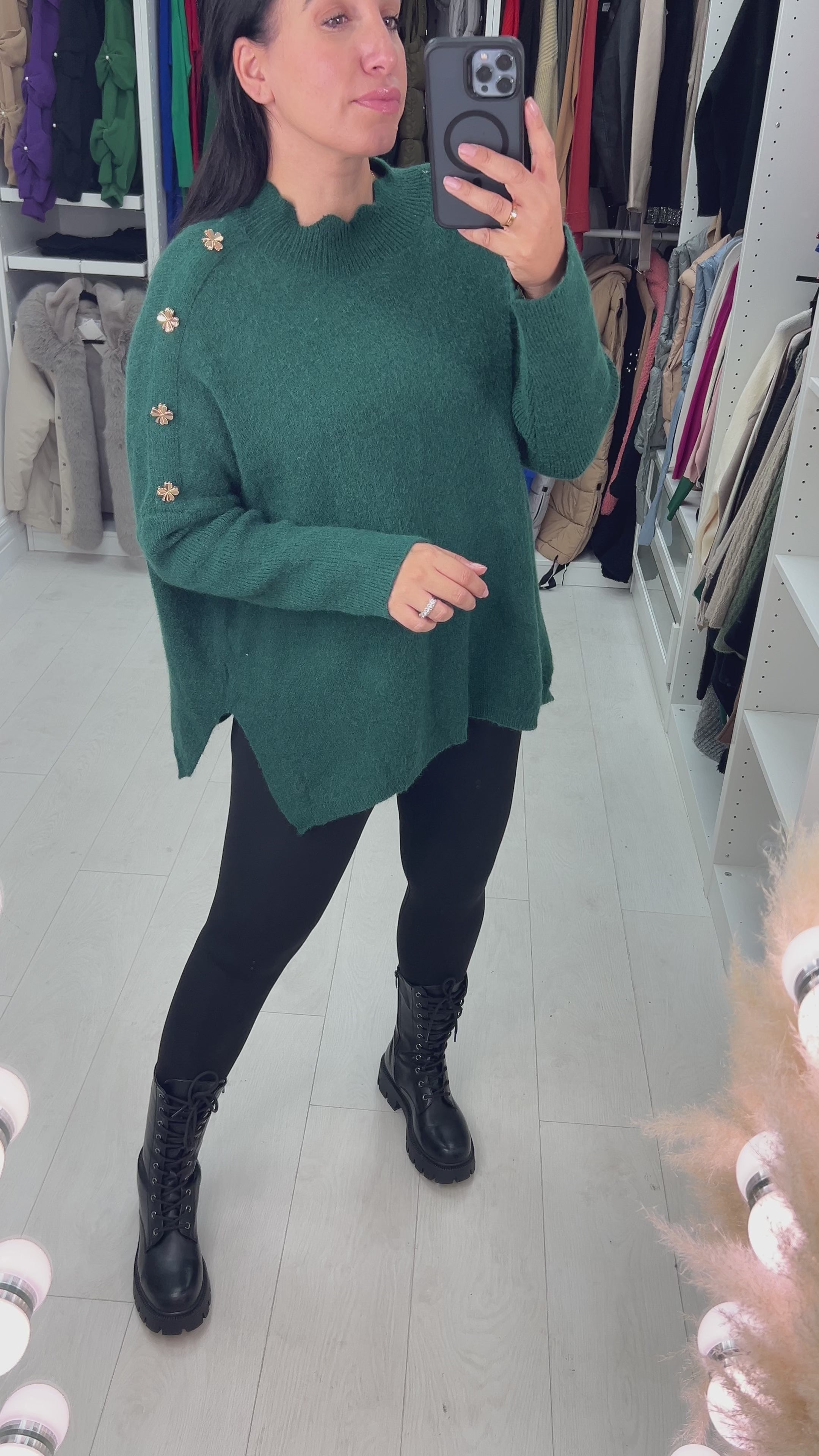 Load video: Laurelle Gold Clover Studded Shoulder Jumper