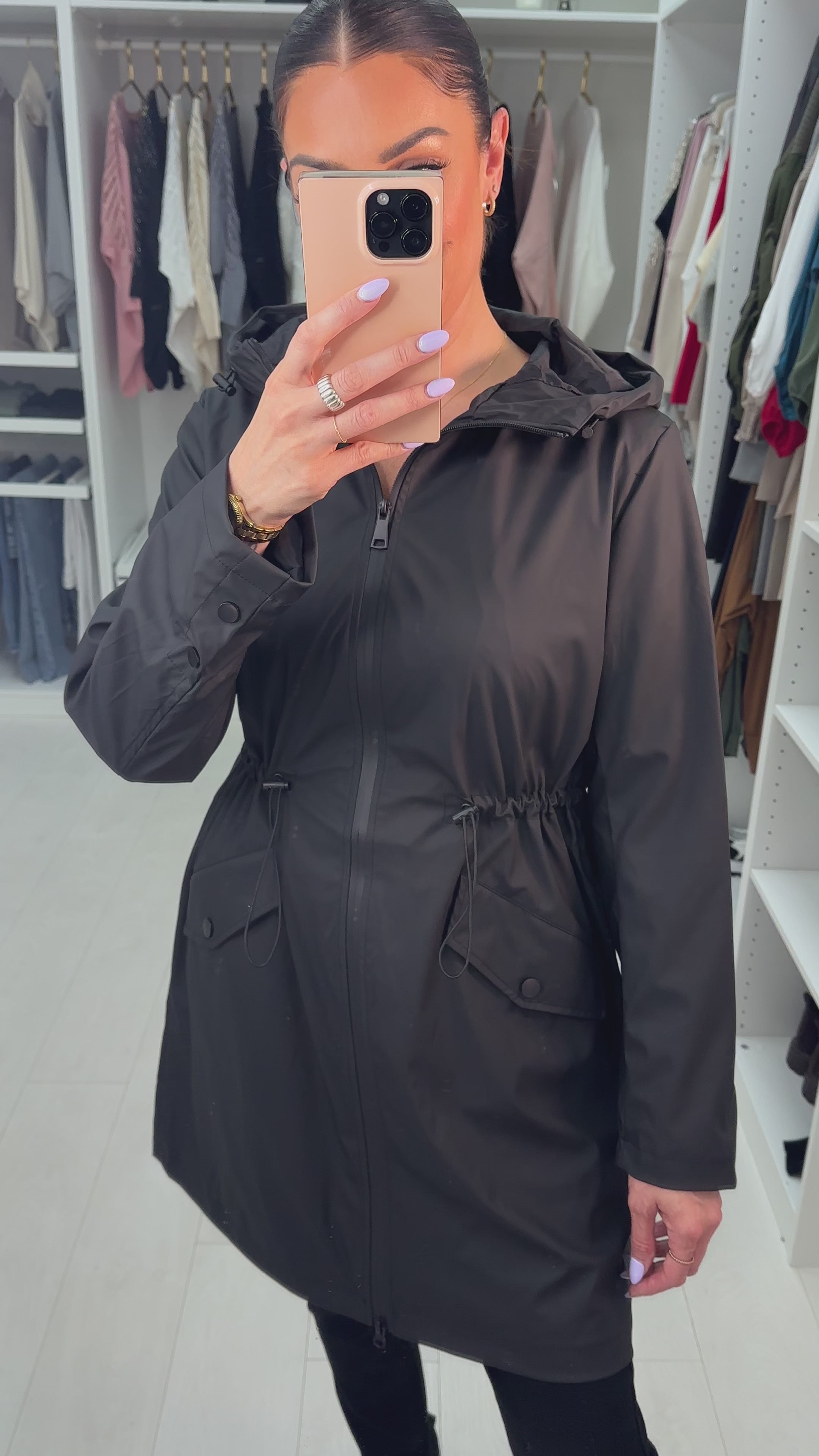 Load video: Benita Longline Zip Front Hooded Raincoat