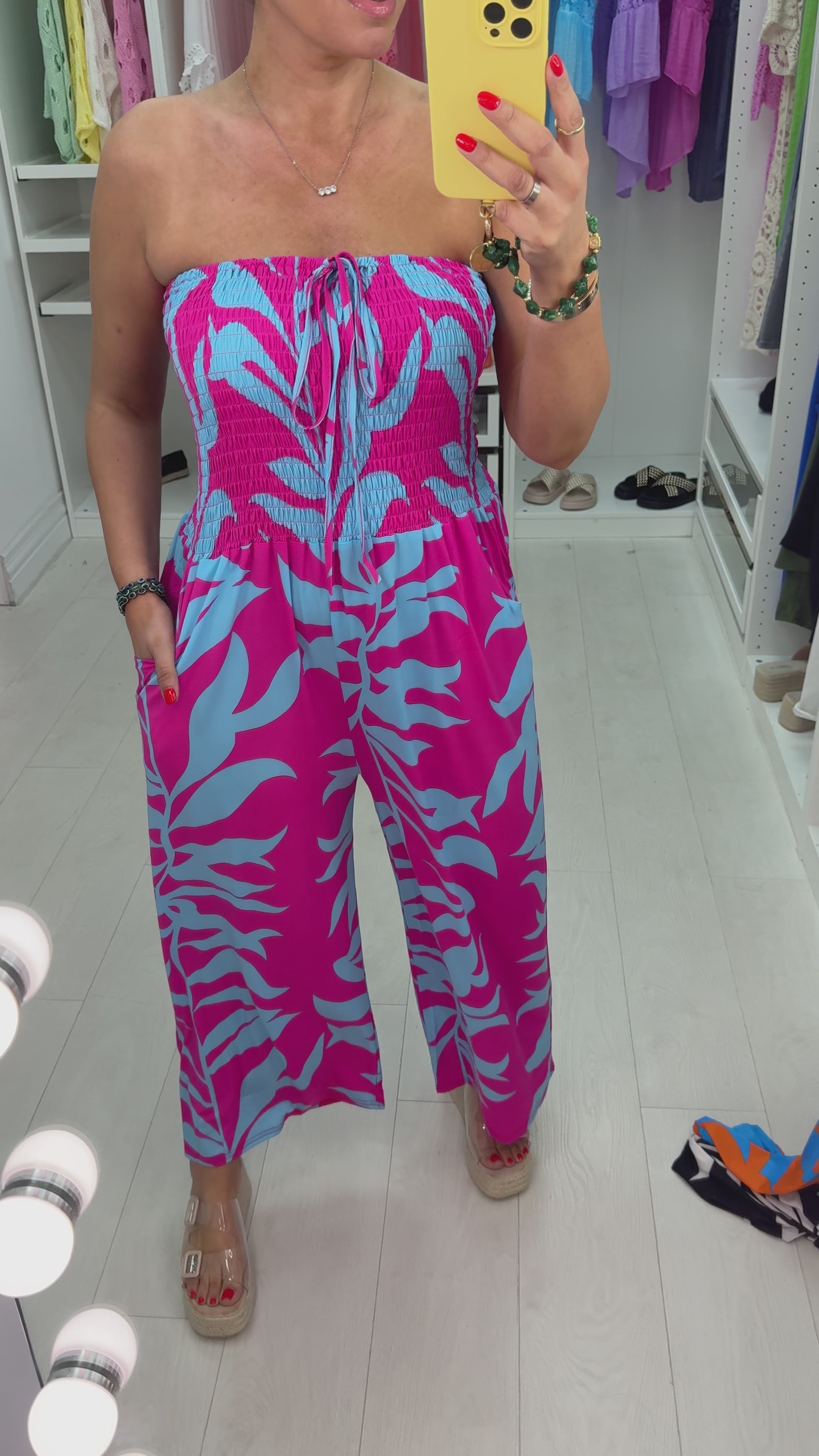 Load video: Swen Leaf Print Elasticated Bust Jumpsuit
