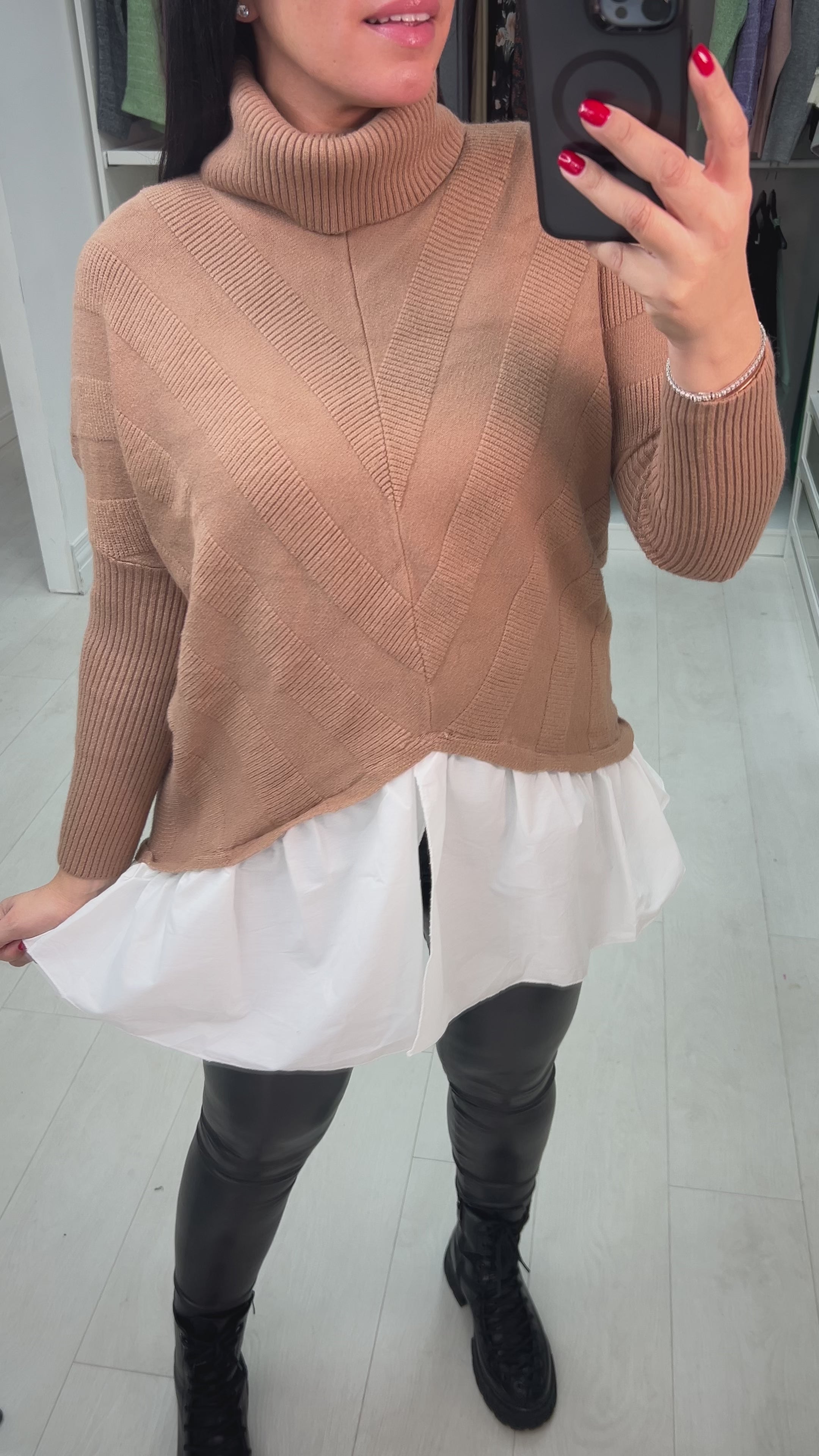 Load video: Kennedy Oversized Ribbed V-panel Roll Neck Shirt Jumper