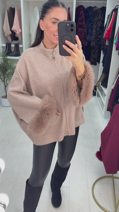 Raquel Faux Fur Cuff Zip Front Cardigan