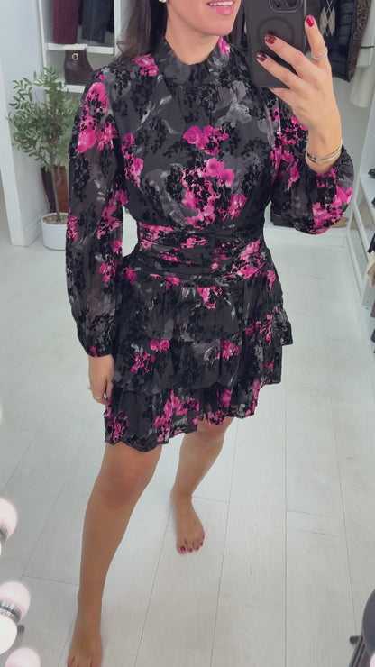 Zania Floral Print Shirred Waist Mini Dress