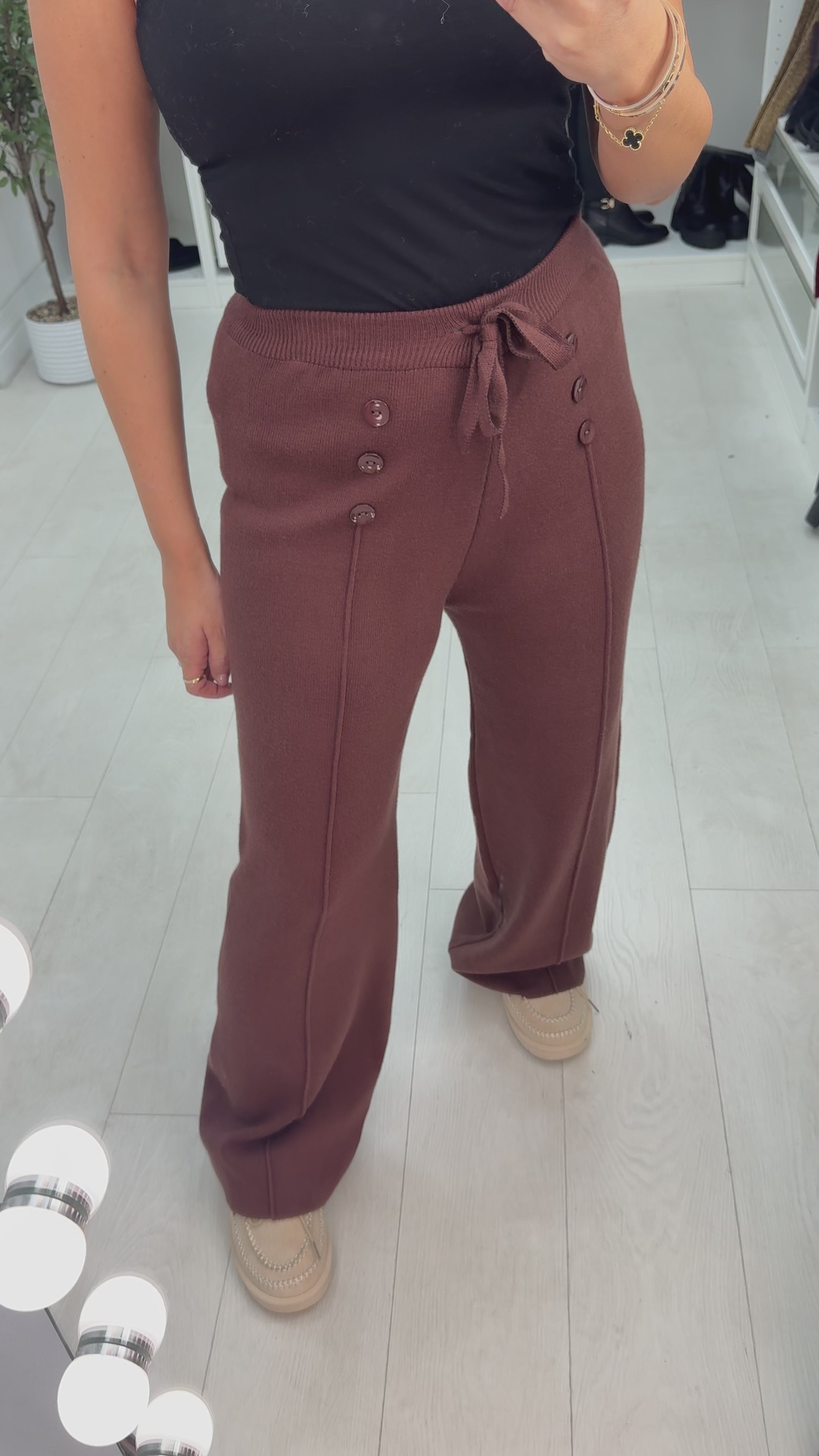 Vivy Plain Button Detail Knitted Straight Leg Trousers