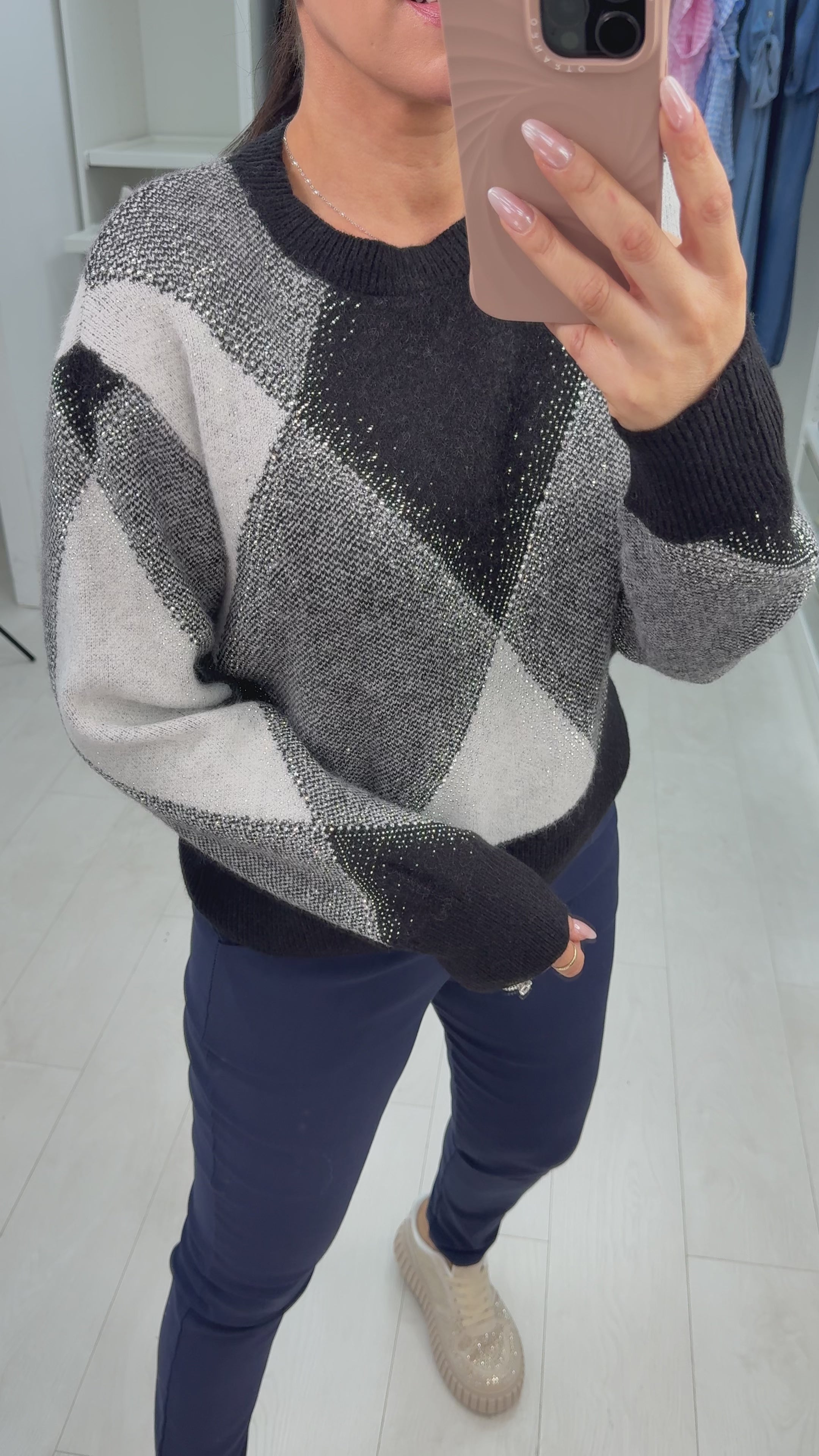 Load video: Clover Diamante Embellished Argyle Jumper