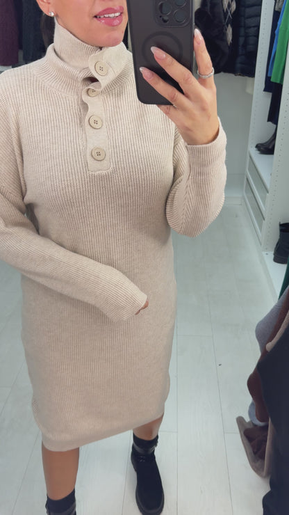 Viola High Neck Button Detail Jumper Dress