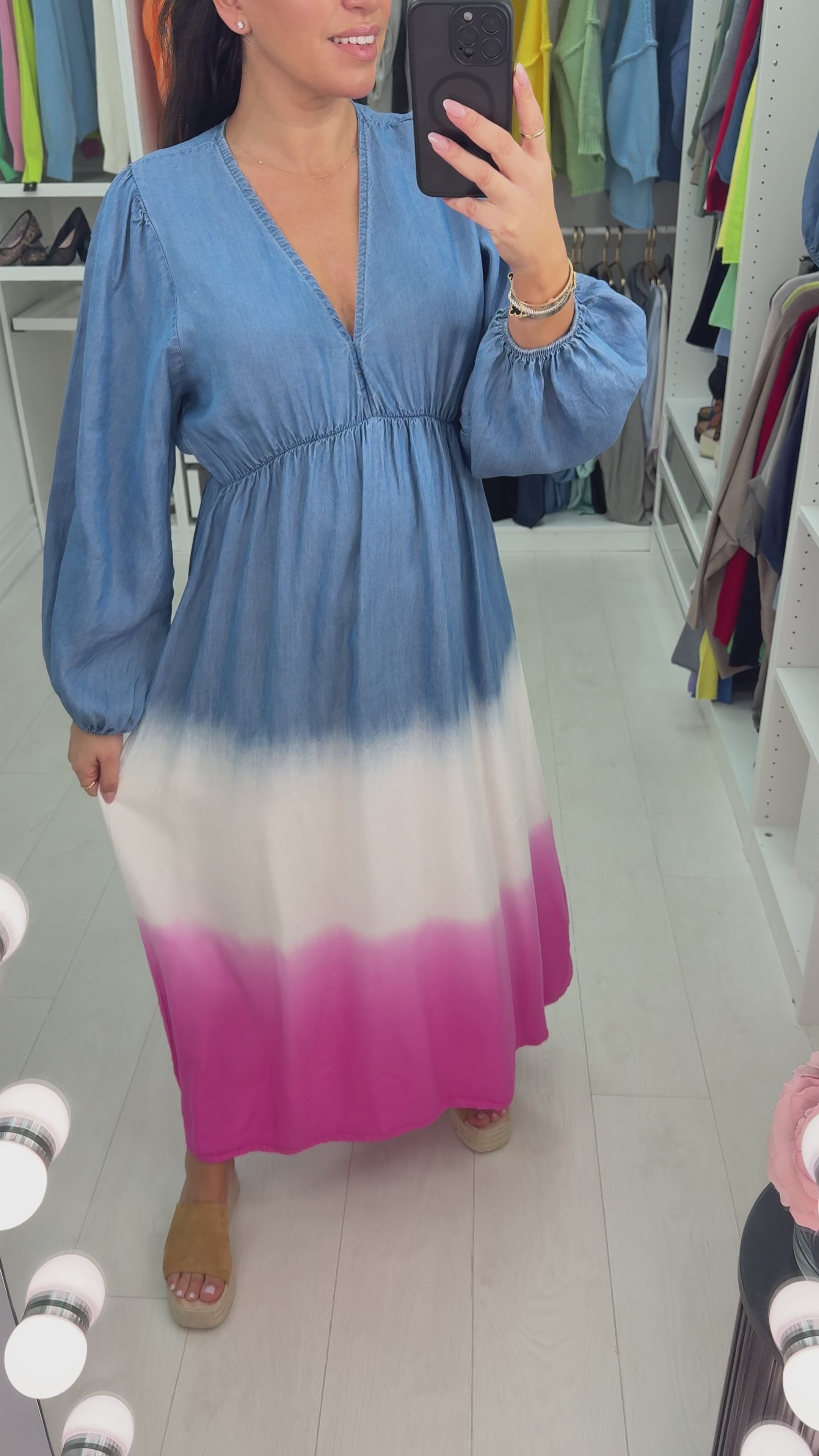 Load video: Julia Deep V Neck Denim Ombre Maxi Dress