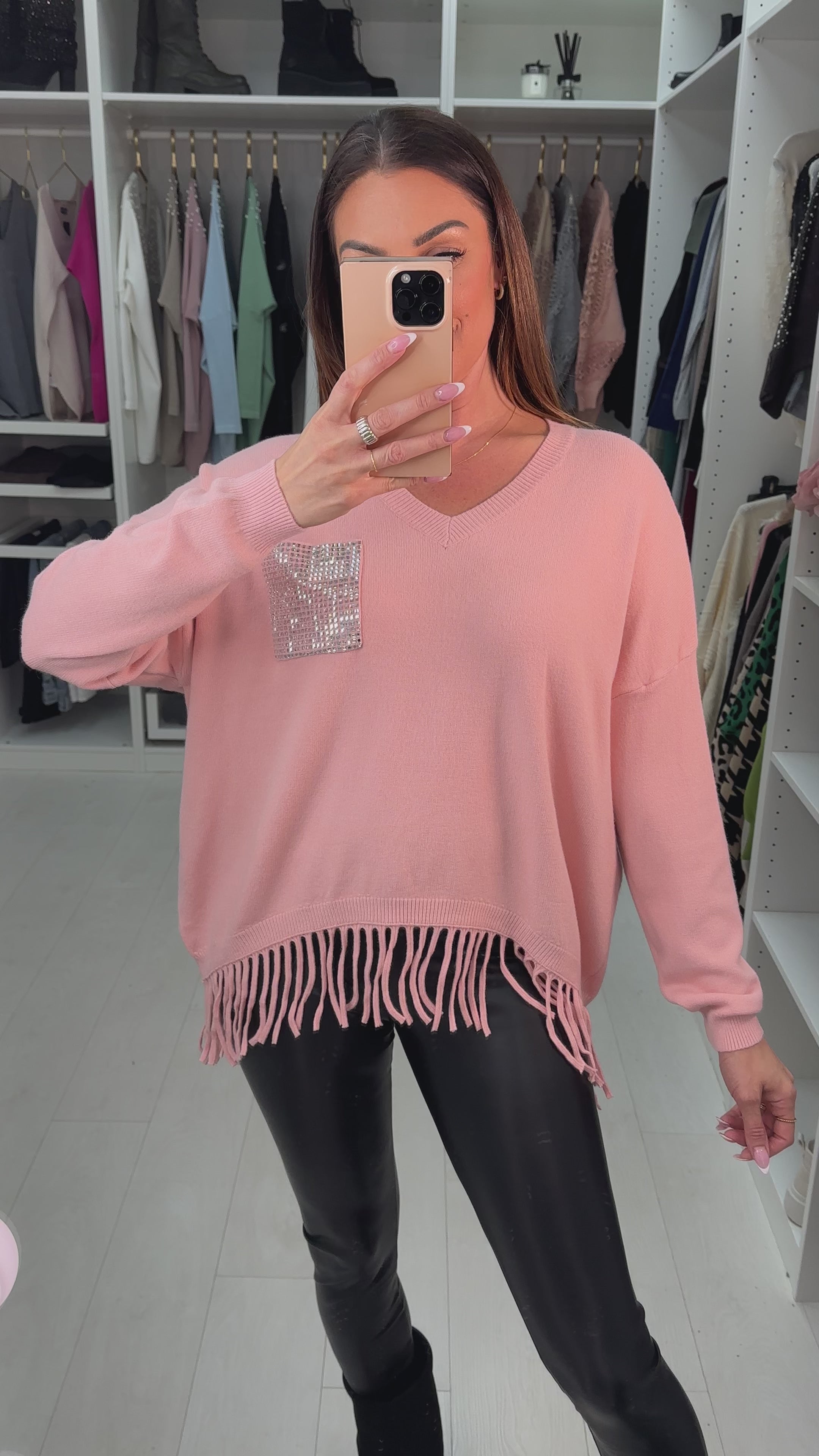 Jenny Diamante Pocket Tassel Hem Knit Jumper