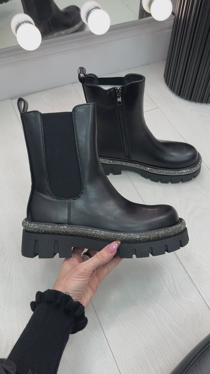 Cecily Faux Leather Embellished Sole Chunky Boots