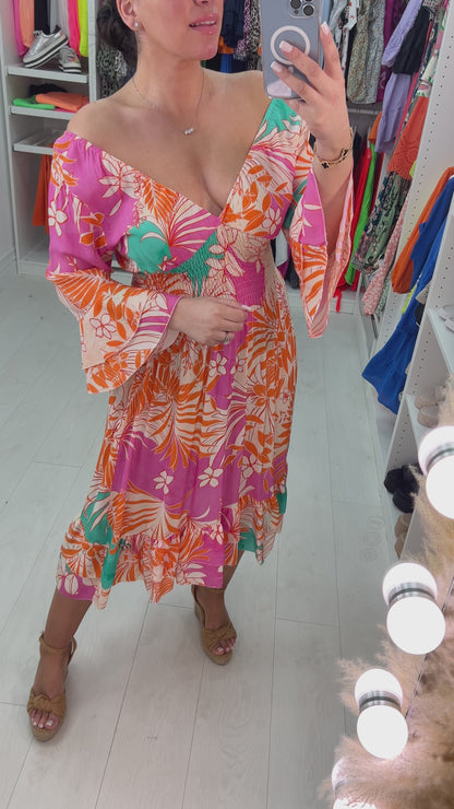 Cornetto Vibrant Floral Print Ruffle Hem Dress