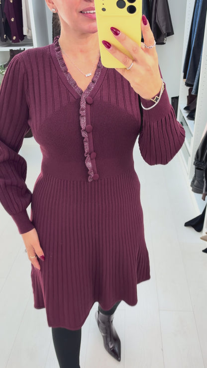 Ilona Plain V Neck Button Detail Ribbed Dress