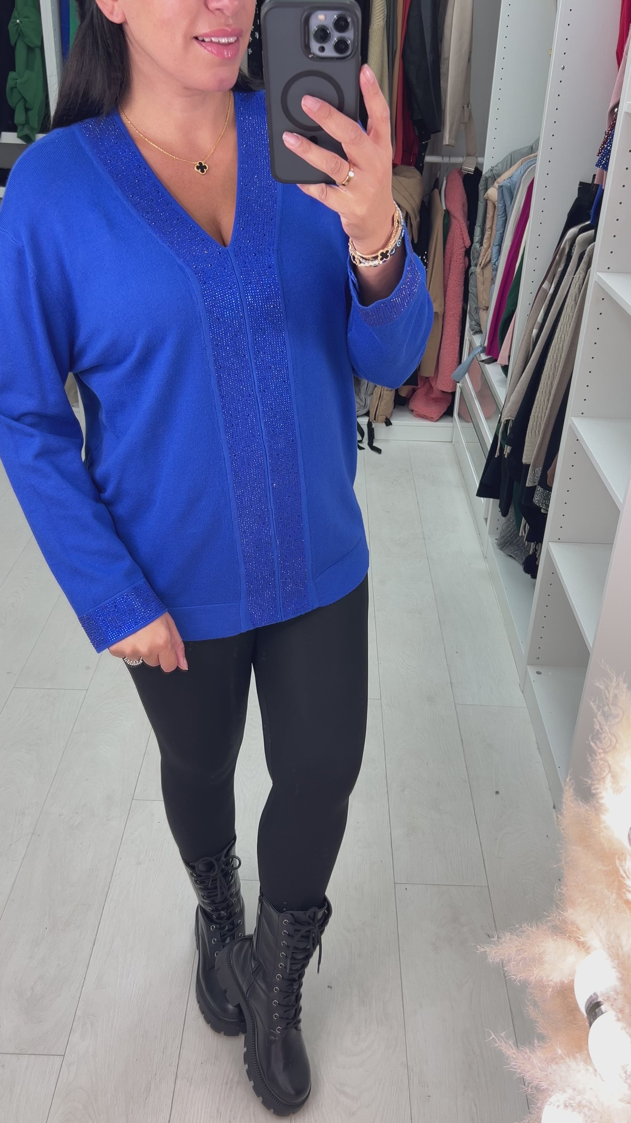 Load video: Zoe Gem Panel Front V Neck Jumper