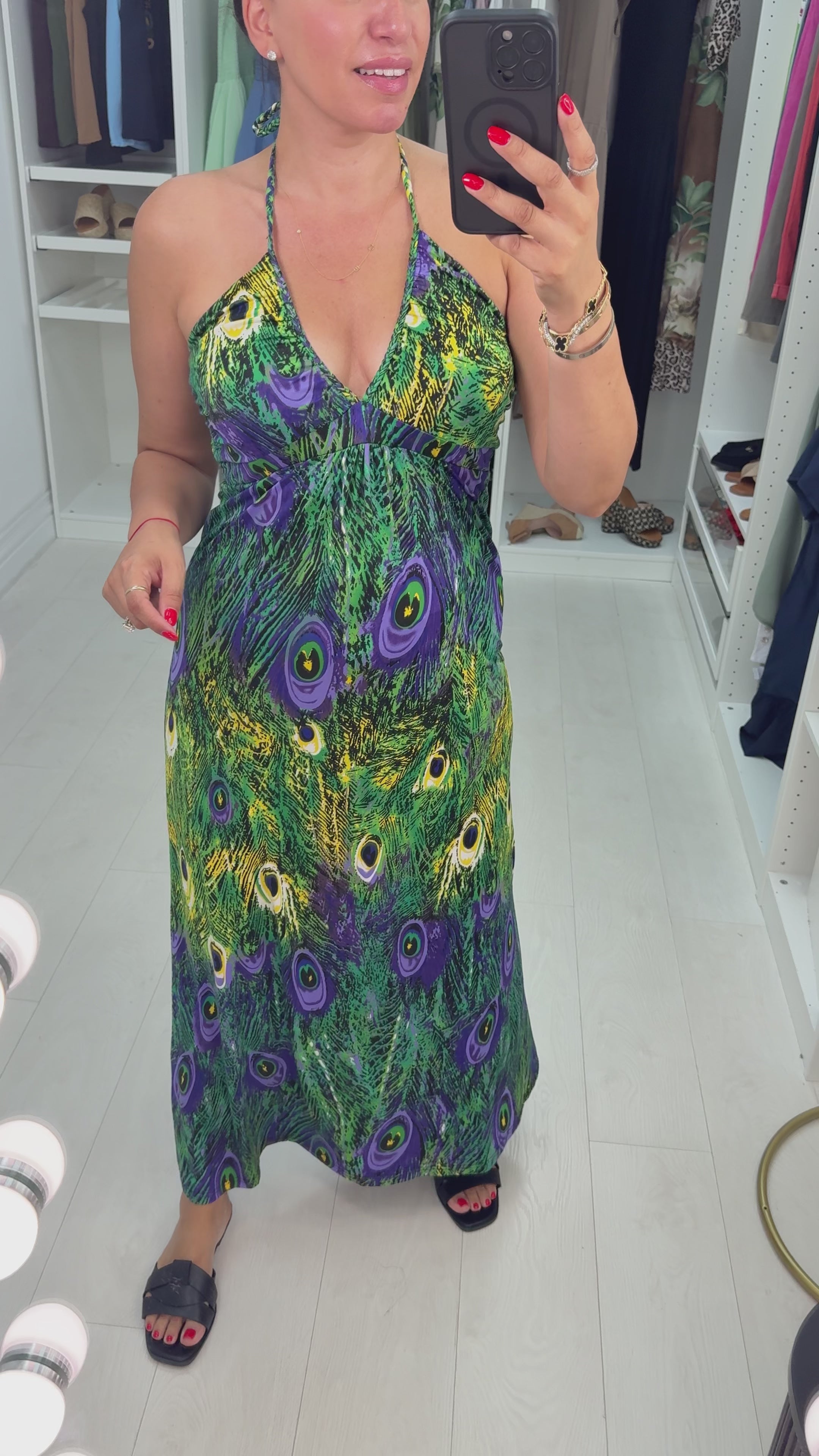 Load video: Lucenzo Peacock Print Halter Neck Maxi Dress