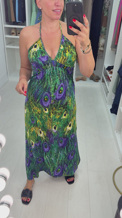 Lucenzo Peacock Print Halter Neck Maxi Dress