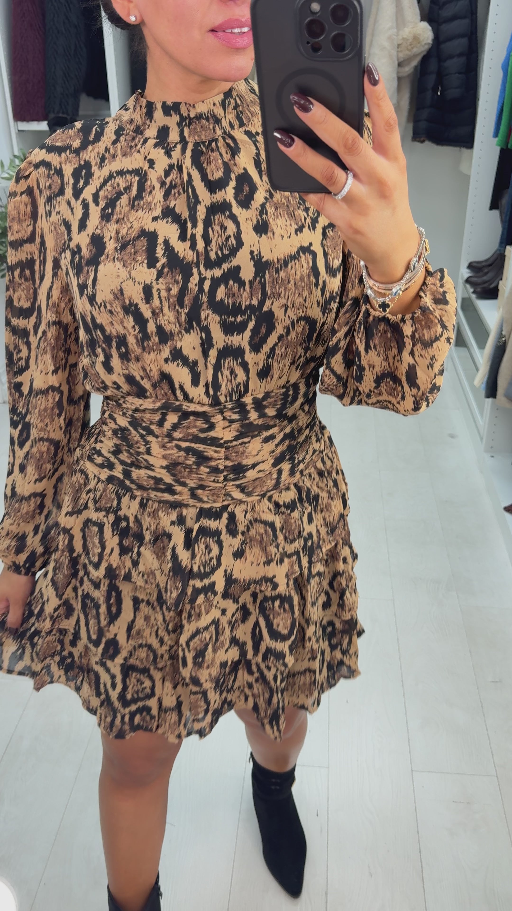 Load video: Jolice Animal Print Shirred Waist Mini Dress