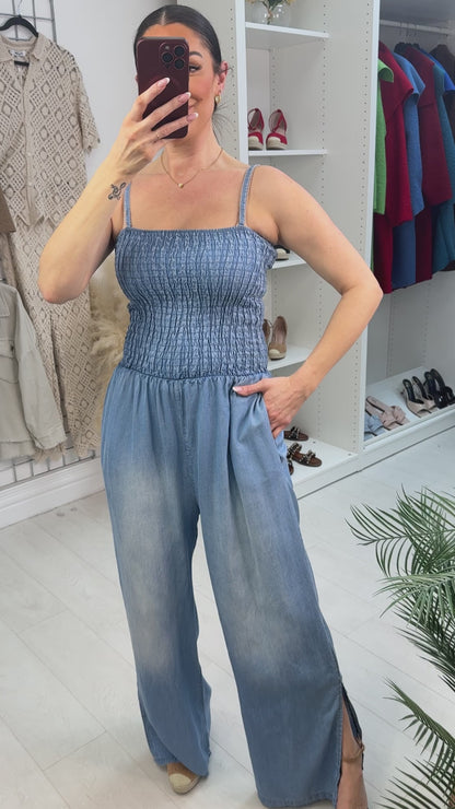 Christine Denim Ruched Wide Leg Jumpsuit
