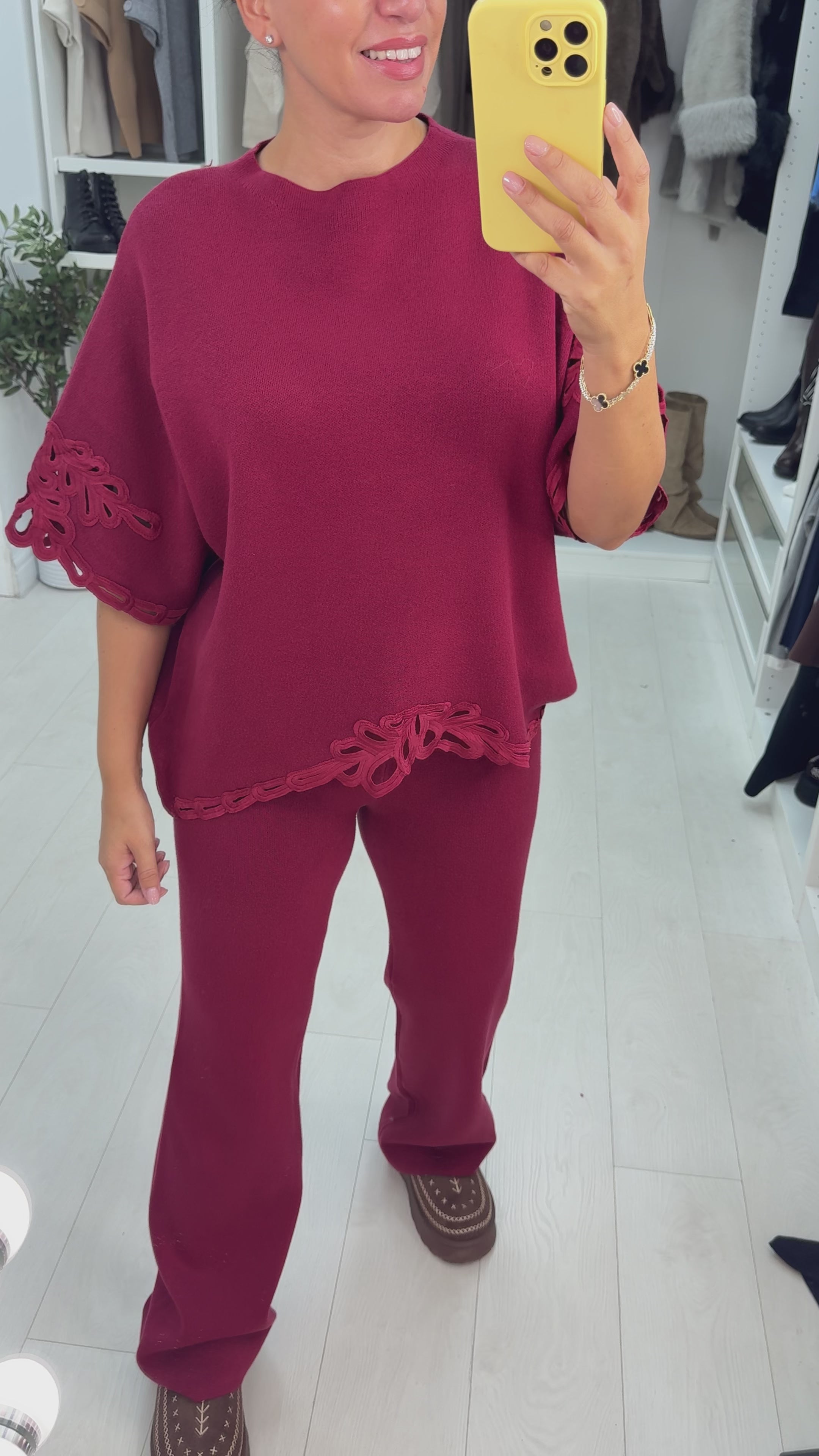 Load video: Gustavo Plain Crochet Detail Knitted Co-Ord Set