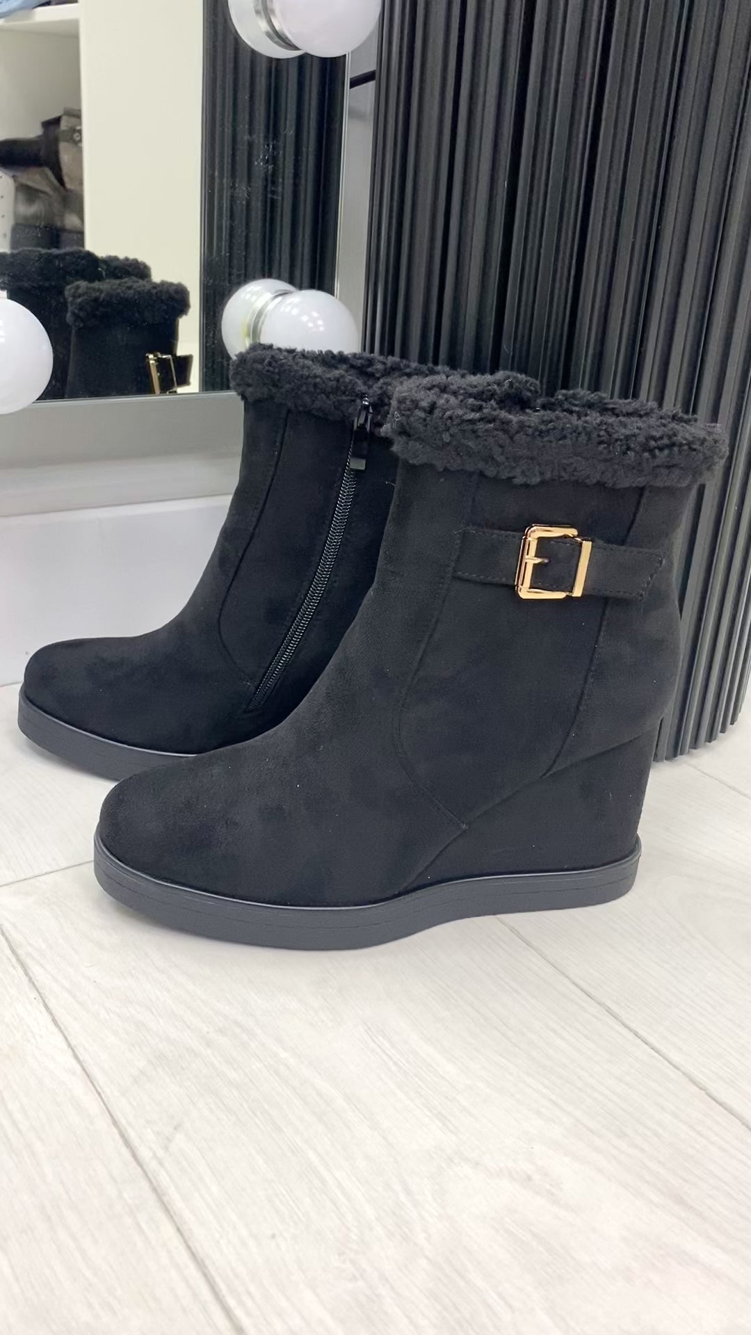 Load video: Jeanie Faux Suede Buckle Wedge Boot