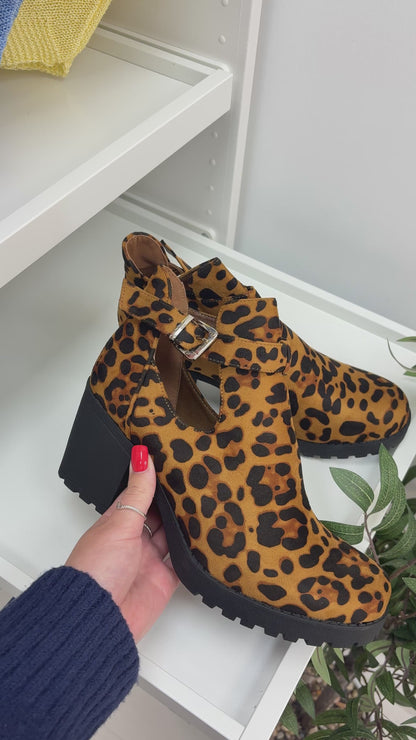 Binnie Leopard Faux Suede Chunky Heel Ankle Boots