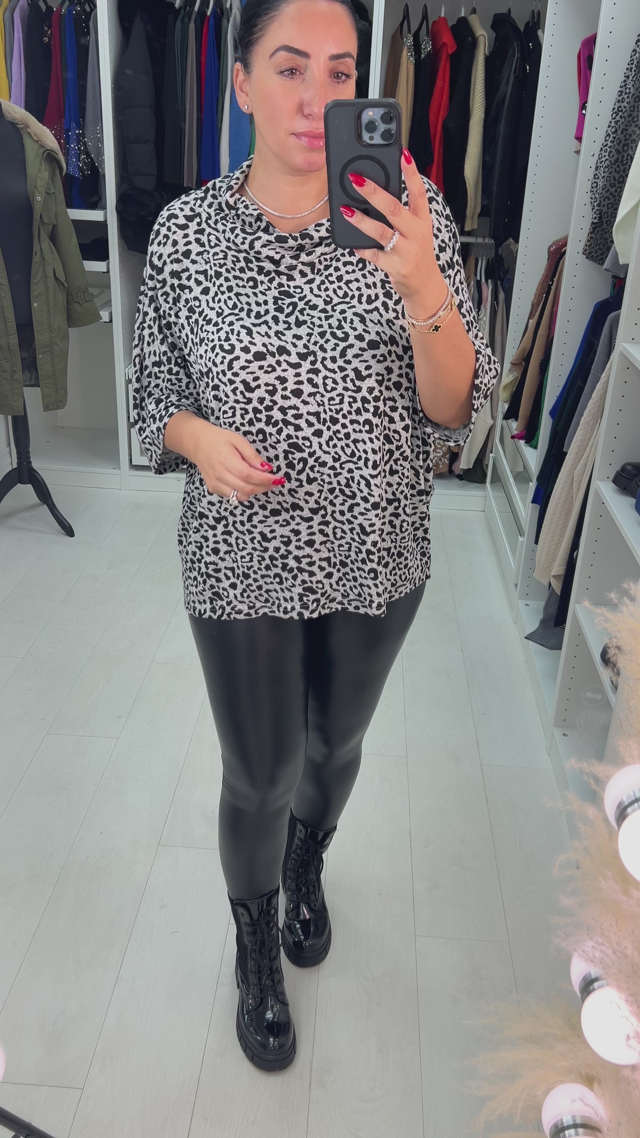 Load video: Elsa Leopard Print Cowl Neck Fine Knit Jumper