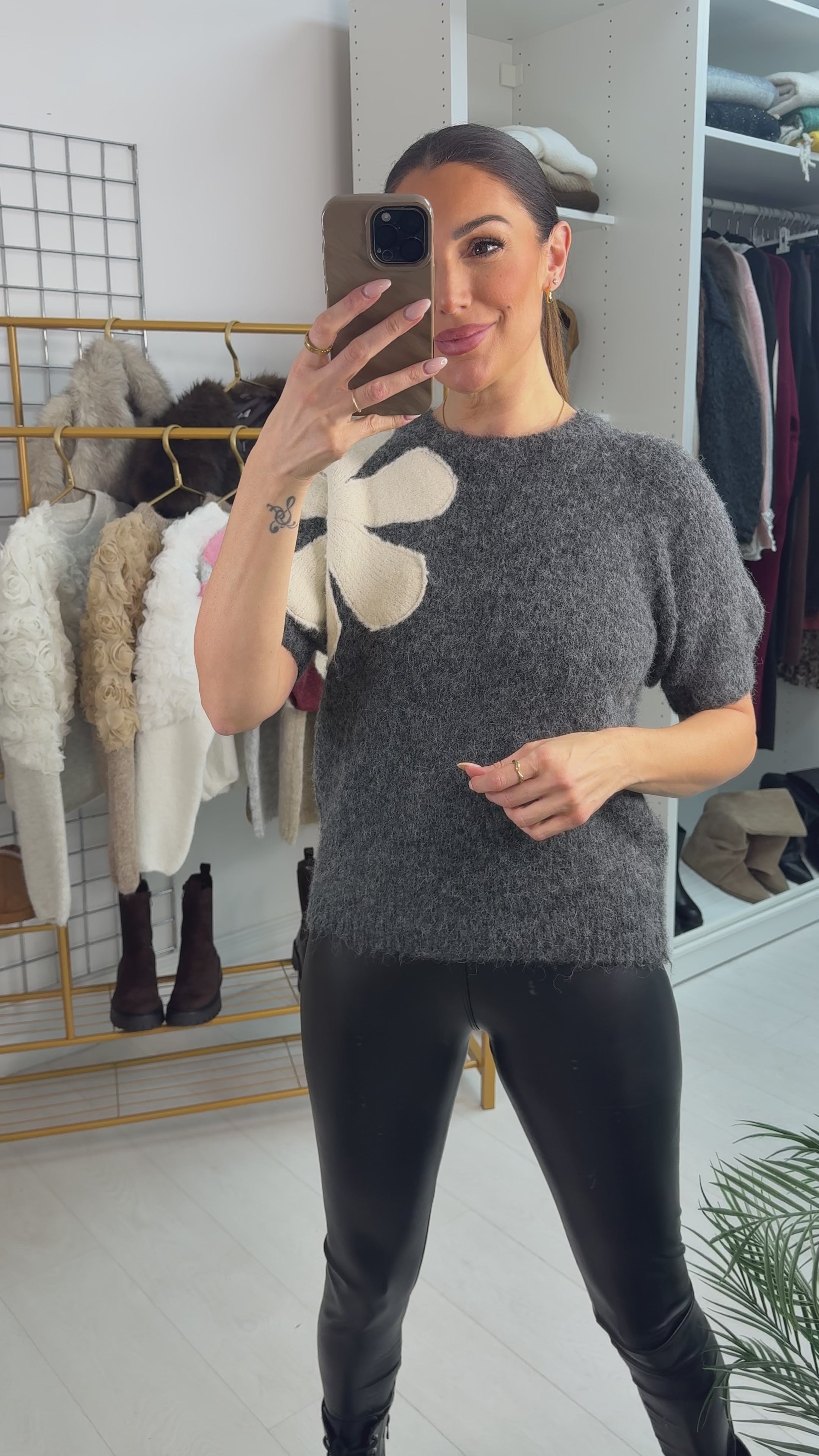 Load video: Louise Plain Flower Detail Super Soft Short Sleeve Jumper