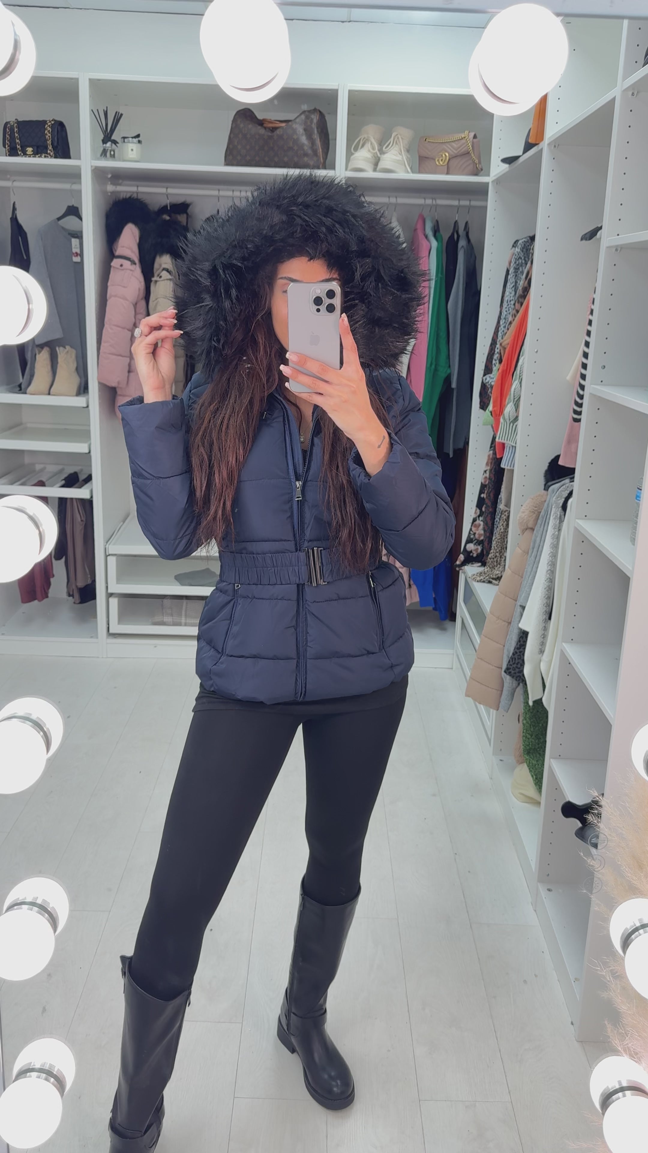 Load video: Lucy Navy Padded Faux Fur Hooded Coat