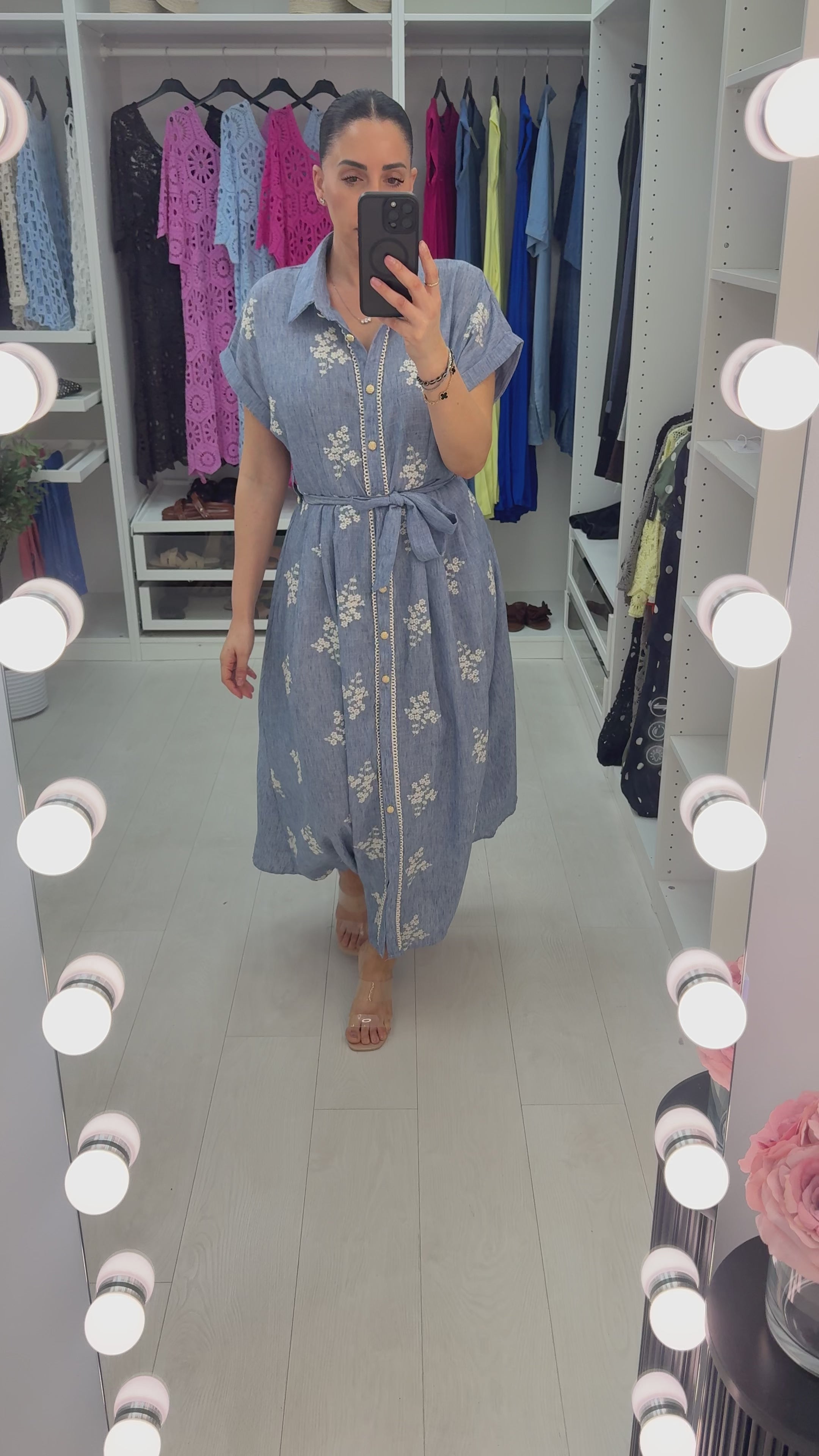 Load video: Abbie Floral Embroidered Button Front Shirt Dress