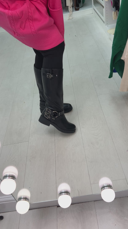 Dila Black Faux Leather Tall Buckle Detail Boots