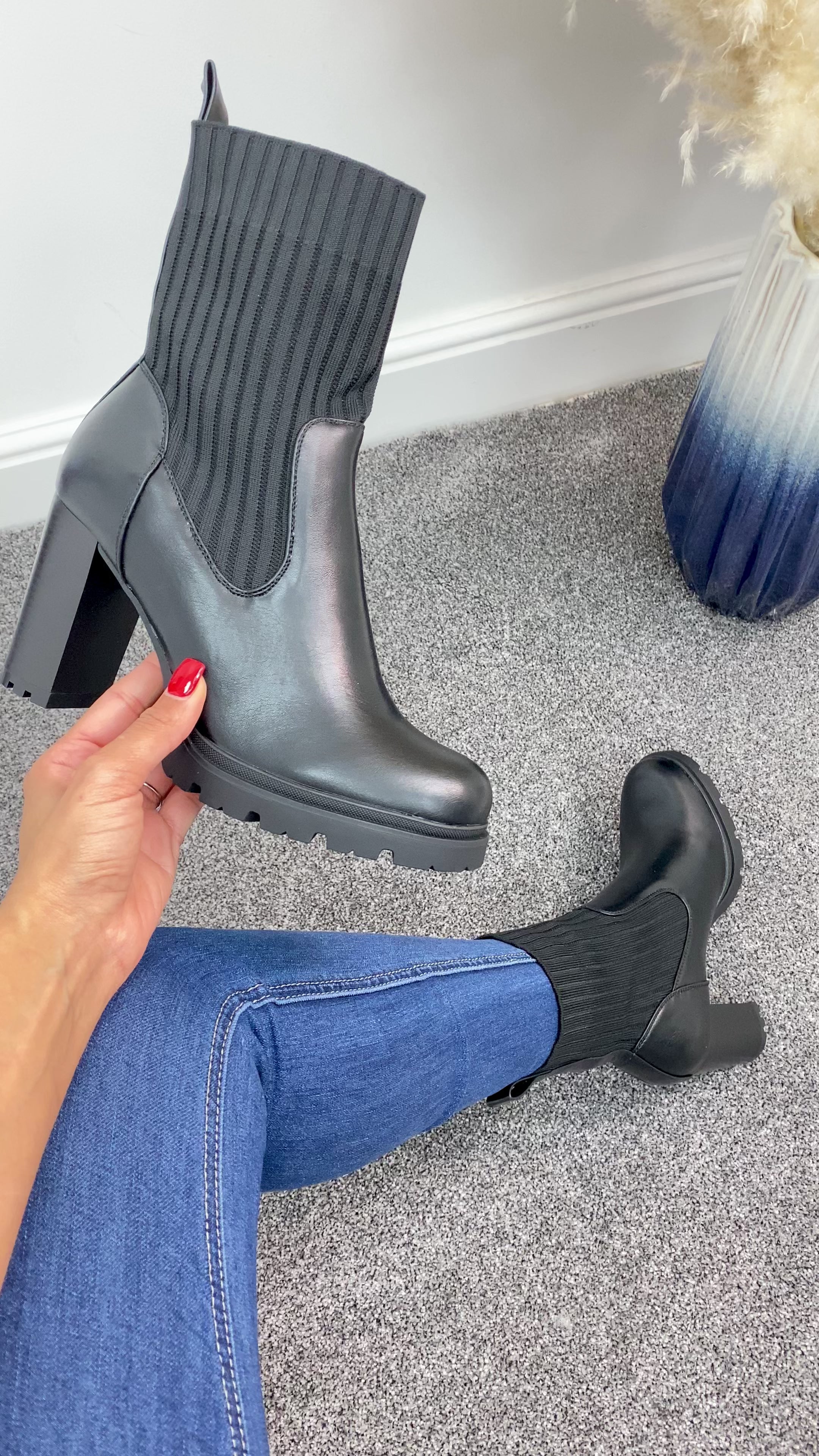 Load video: Flitz Black Block Heeled Sock Boots