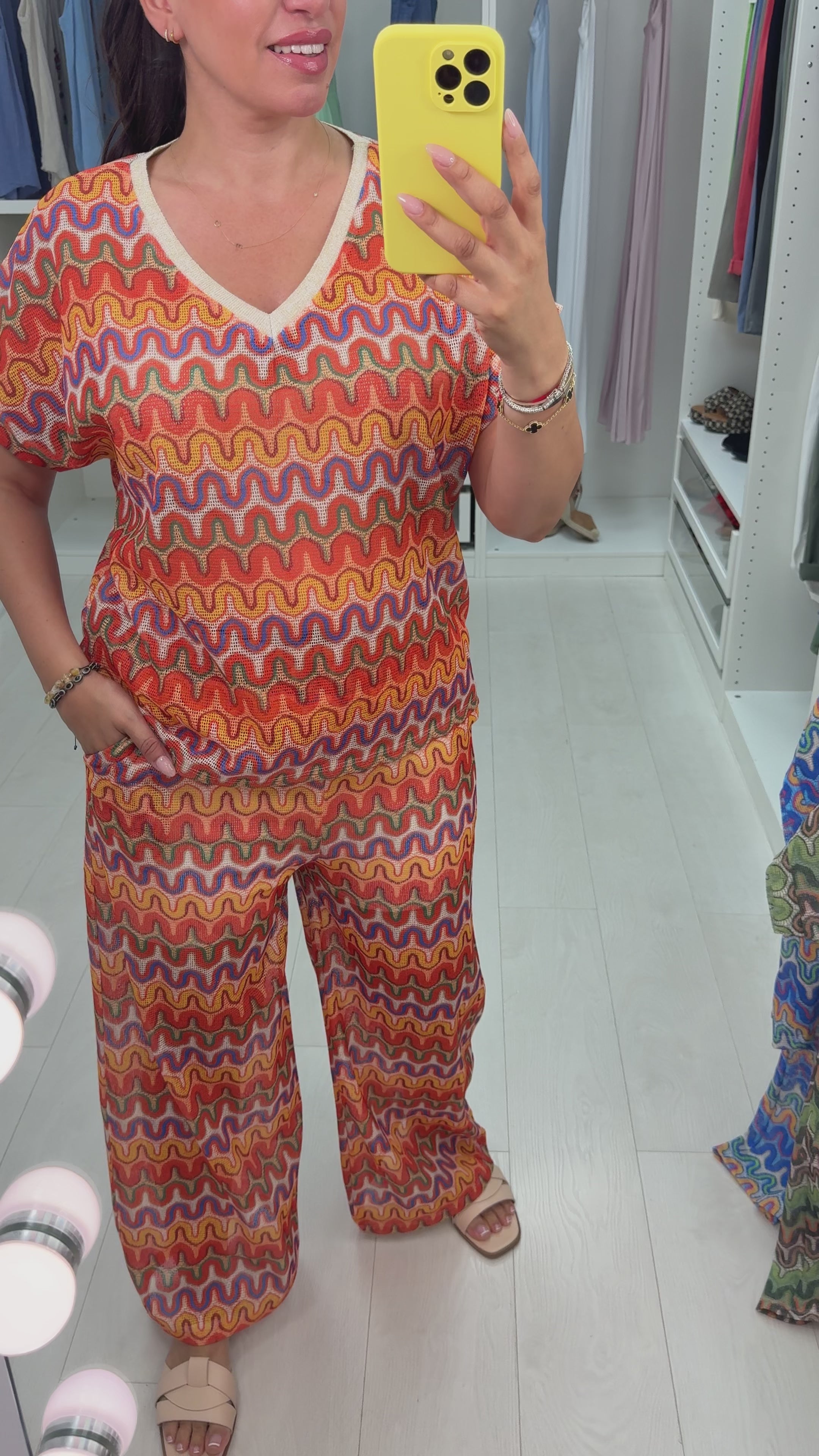 Load video: Annalise Abstract Print  V Neck Waffle Co-Ord Set