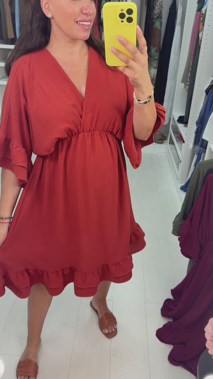 Odessa Plain V Neck Frill Detail Midi Dress