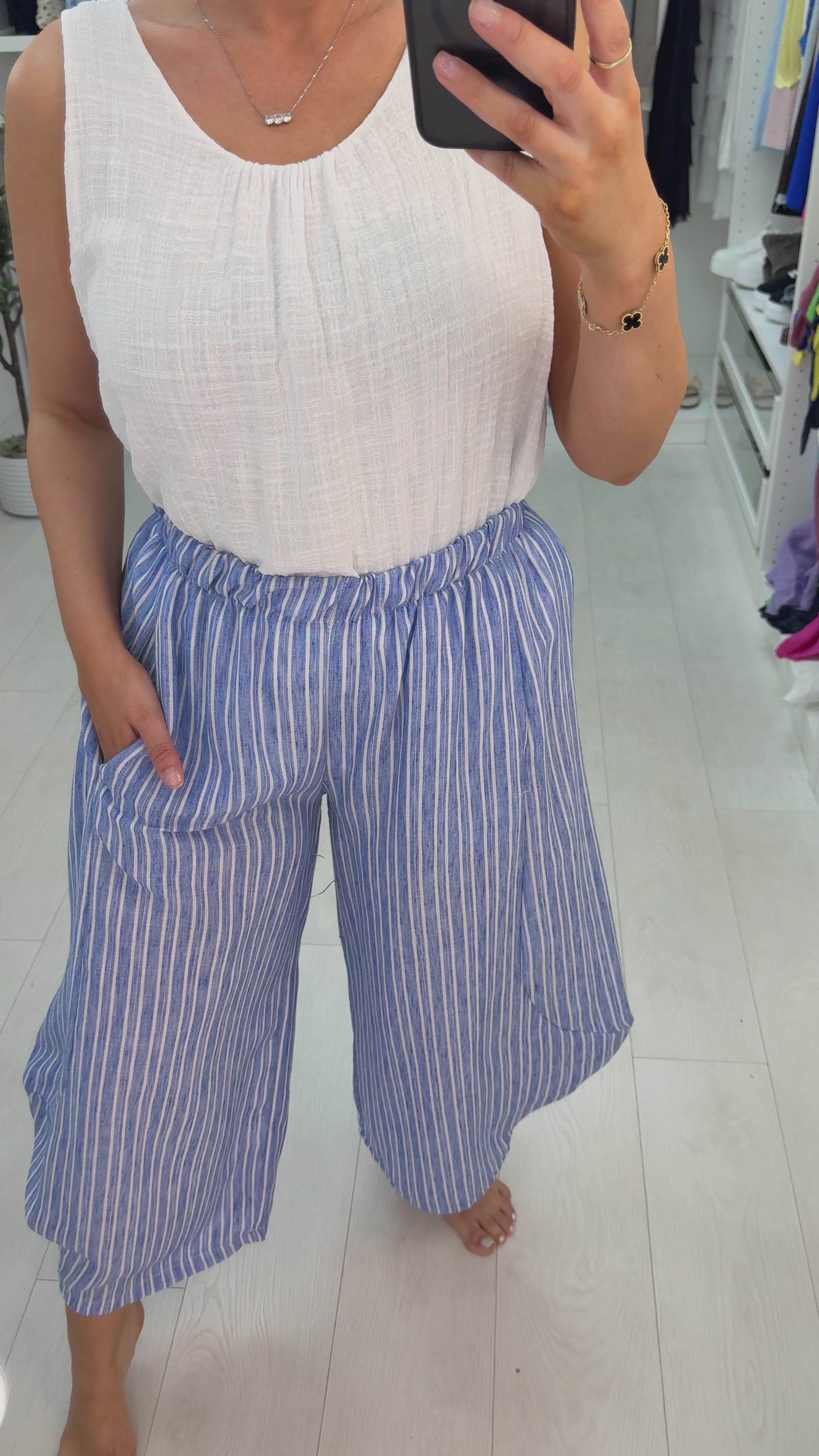 Load video: Tasia Striped Elasticated Waist Barrel Leg Trousers