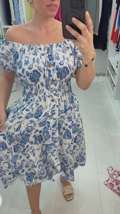 Tyra Floral Button Detailed Shirred Waist Dress