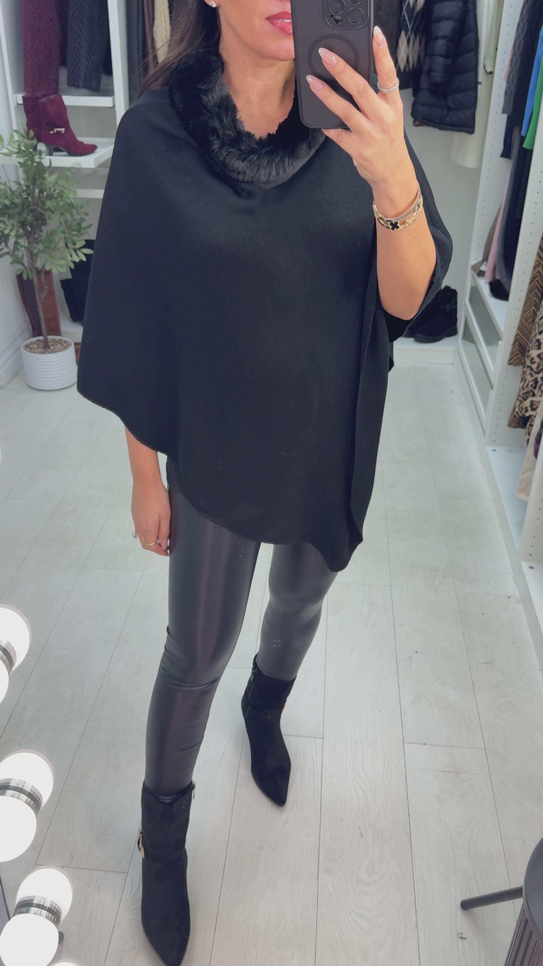 Load video: Nataley Plain Faux Fur Neck Knitted Poncho