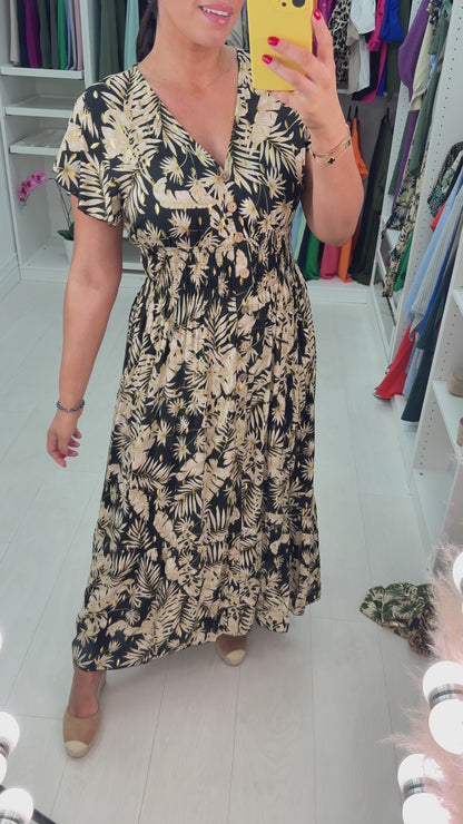 Calypso Frilly Sleeve Leaf Print Dress