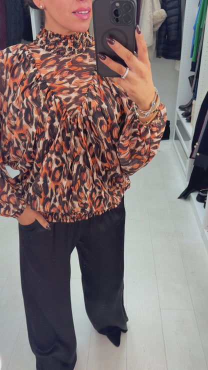 Estefan Abstract Print Double Layer Shirred High Neck Blouse