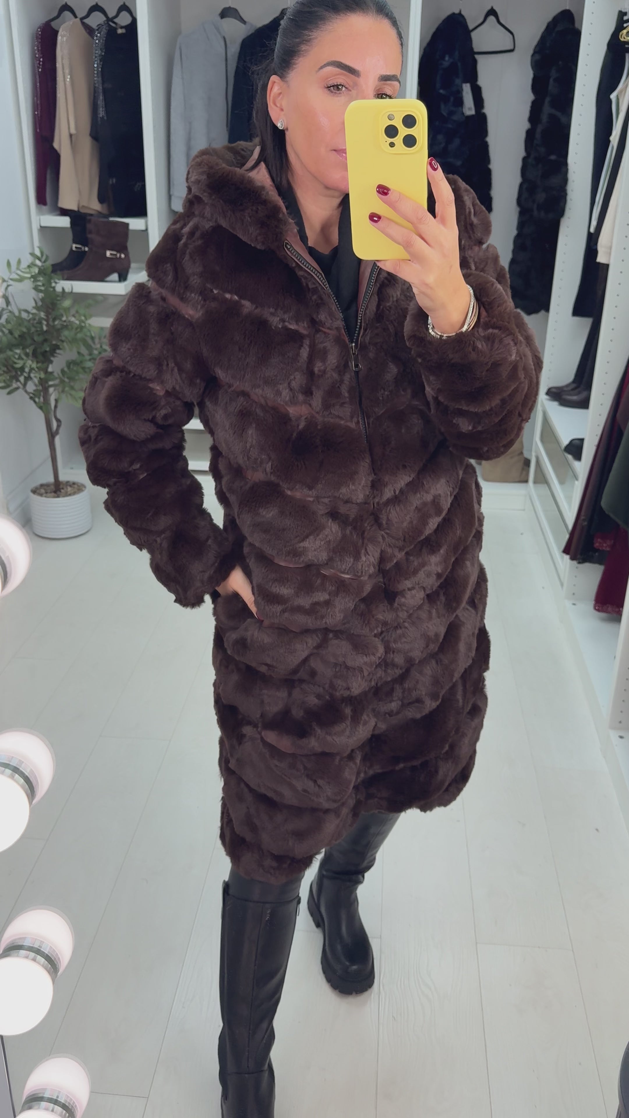 Load video: Miki Chocolate Faux Fur Panelled Longline Hooded Coat