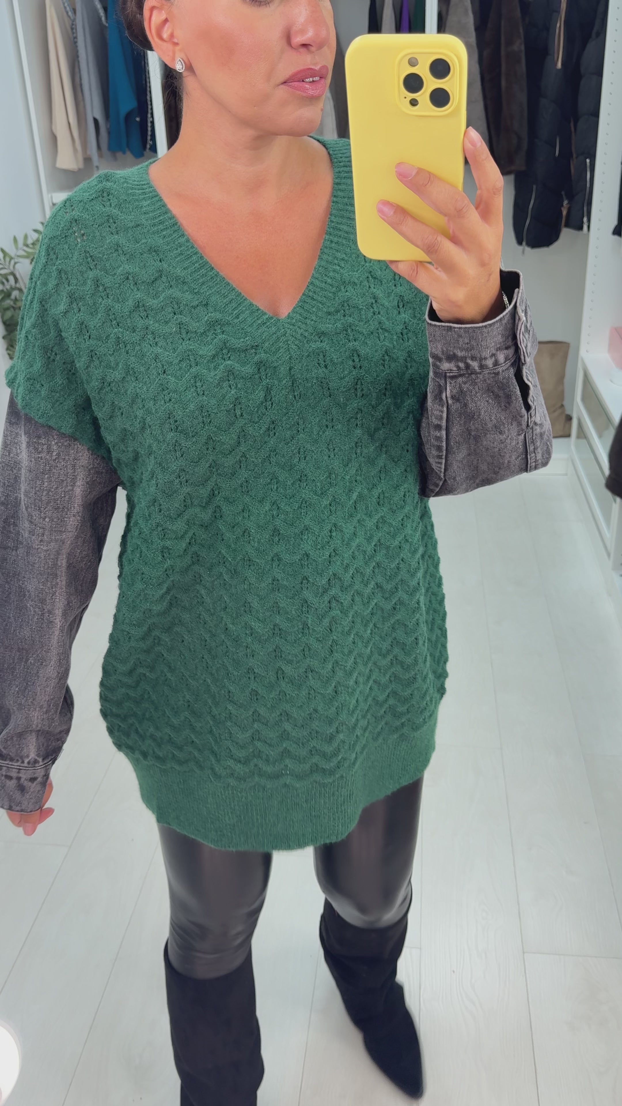 Meko Textured V Neck Denim Sleeve Jumper