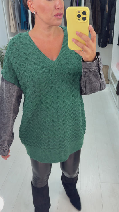 Meko Textured V Neck Denim Sleeve Jumper