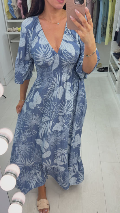 Alexandra Leaf Print Shirred Waist Magic Dress