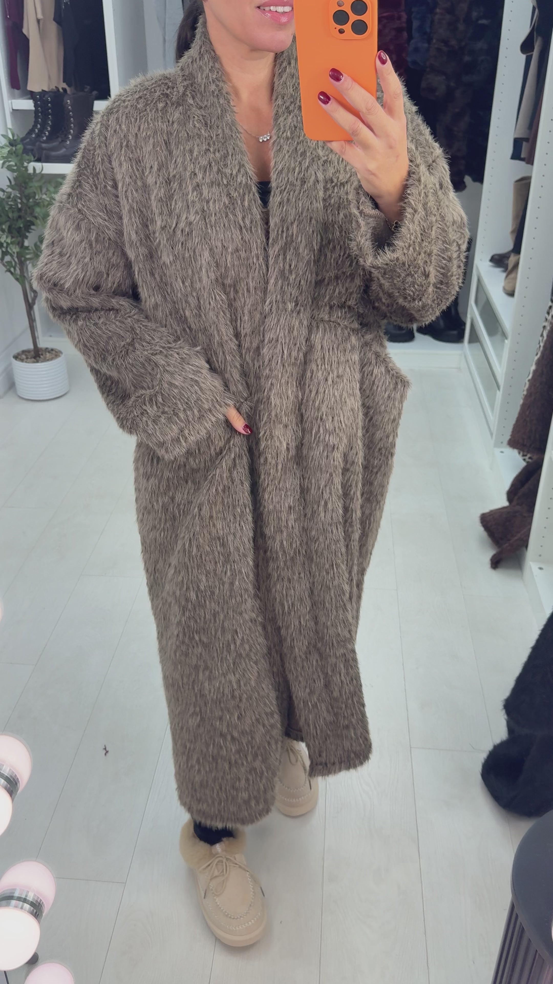 Load video: Beverly Faux Fur Open Front Longline Cardi Jacket