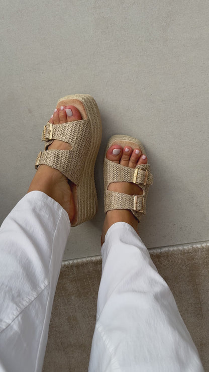 Lara Woven Platform Buckle Mules