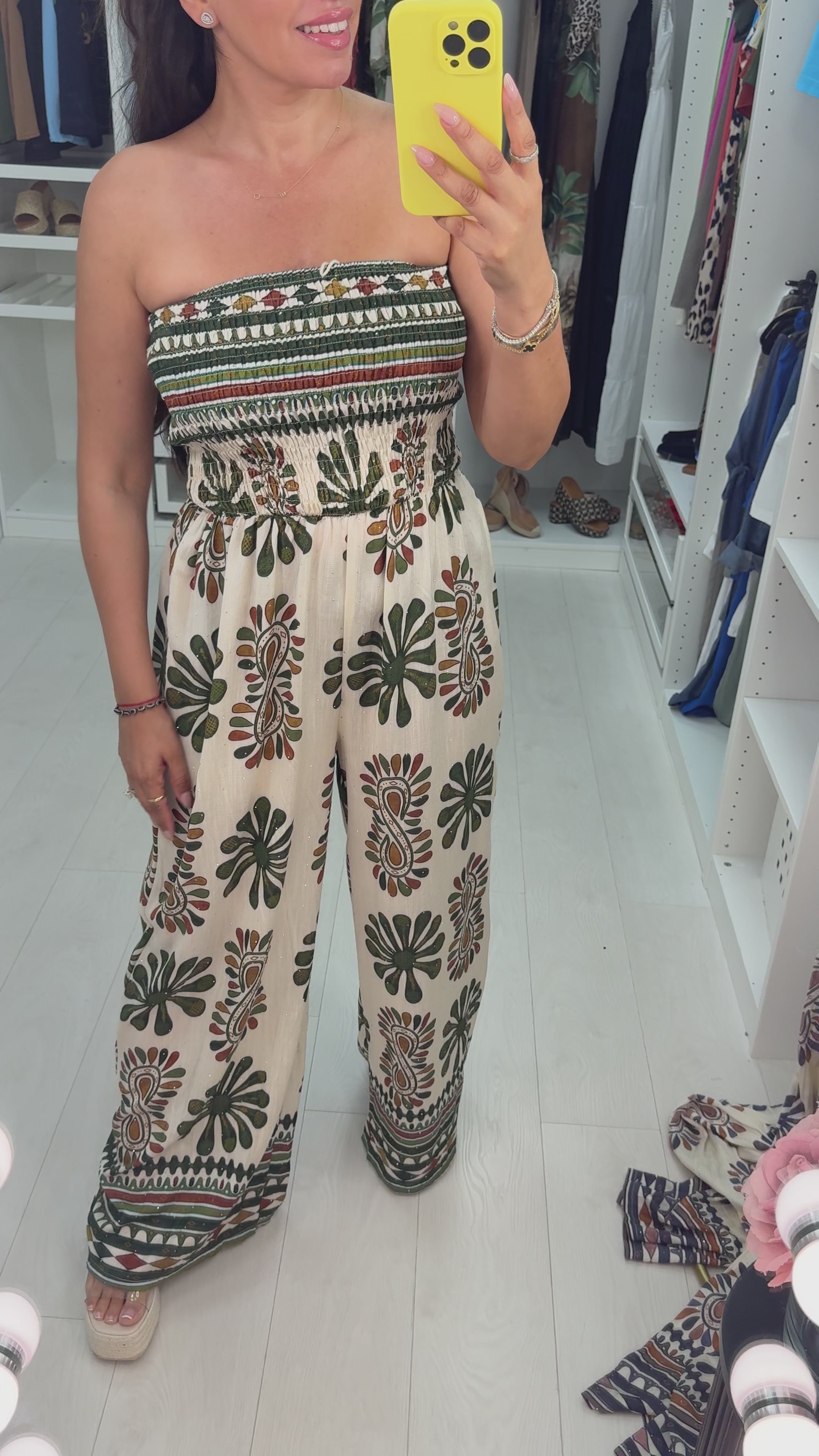 Load video: Nayella Abstract Print Embellished Wide Leg Jumpsuit