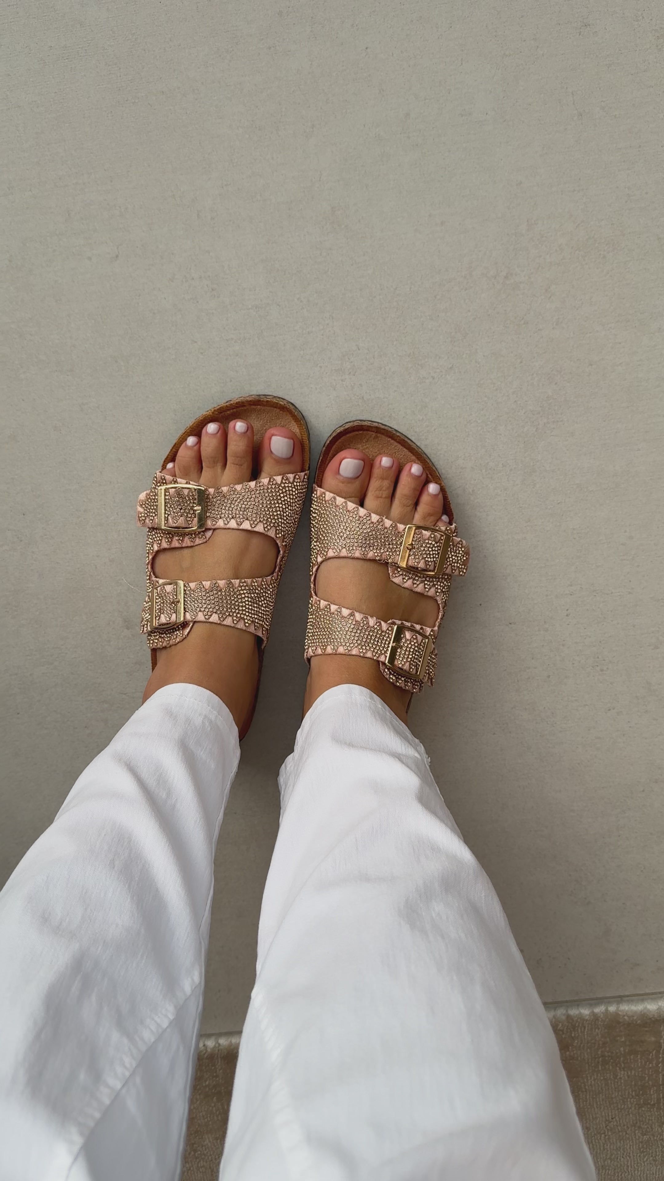 Load video: Gigi Diamante Embellished Buckle Sliders