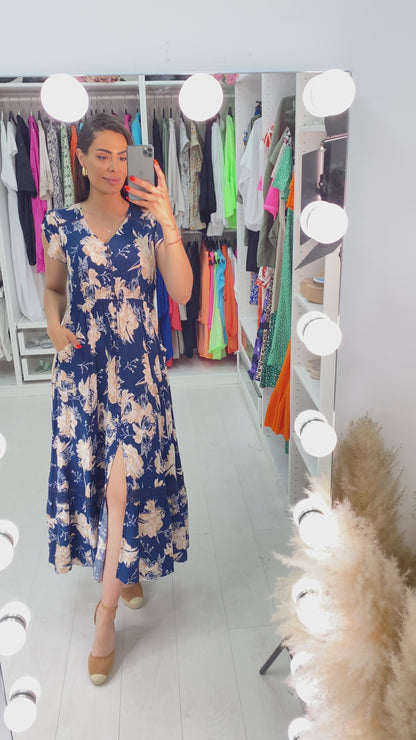 Lois Navy Floral Print Frill Hem Maxi Dress