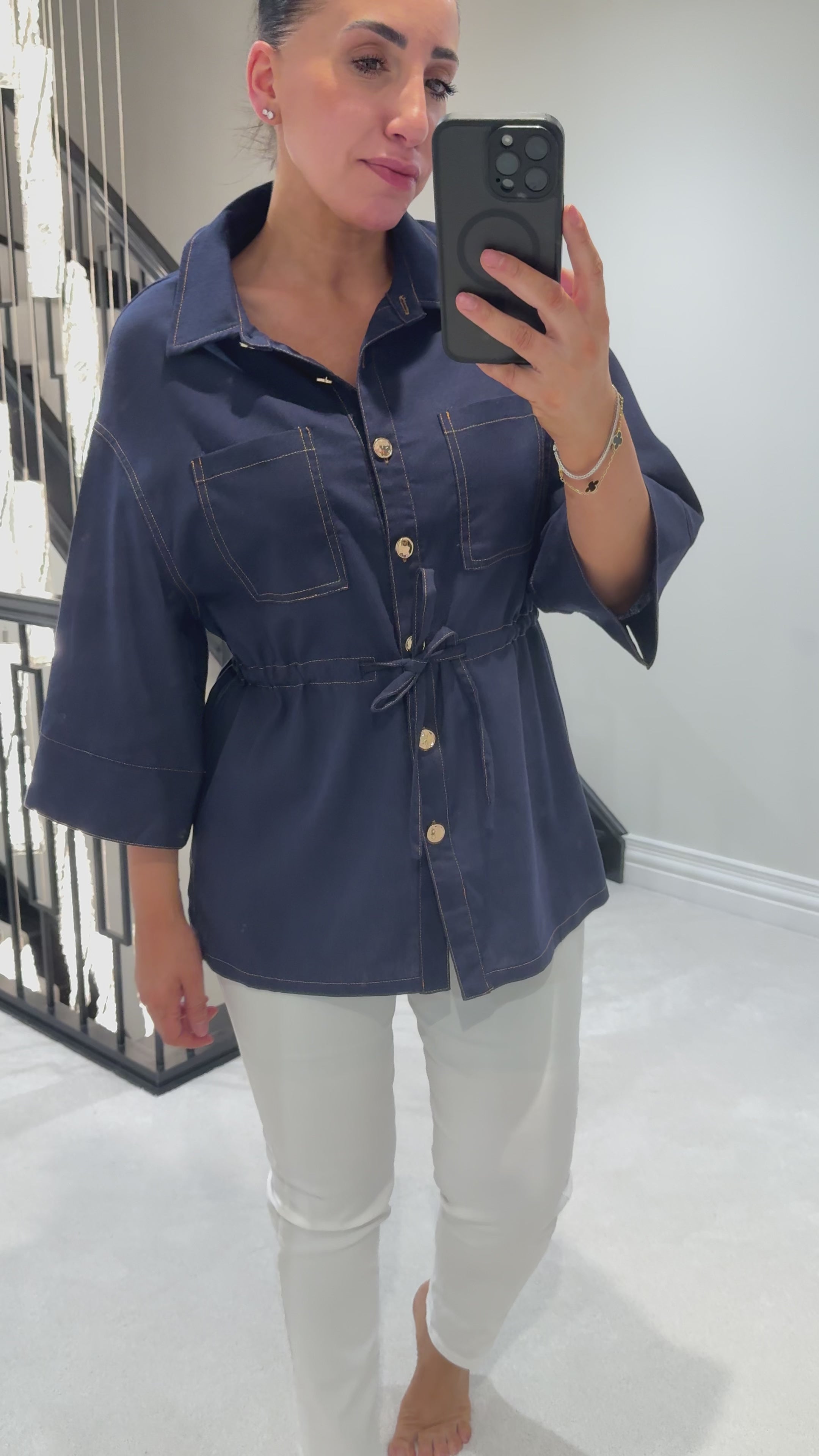 Load video: Collin Dark Denim Tie Waist Shirt